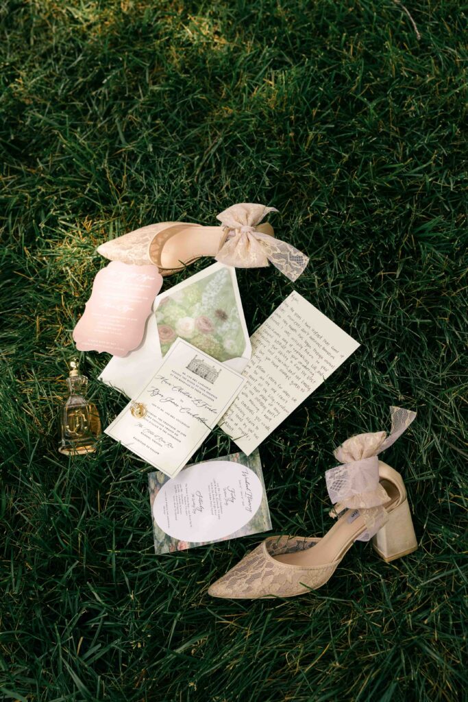 bride's details in grass